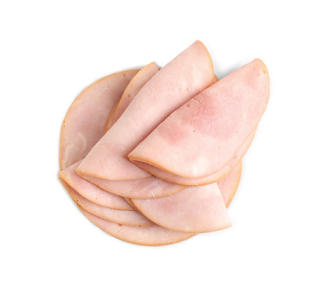 Slices of tasty fresh ham isolated on white, top viewの写真素材