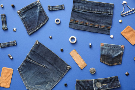 Flat lay composition with garment accessories and cutting details for jeans on blue background