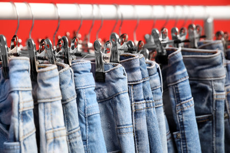 Rack with stylish jeans on red background, closeupの写真素材