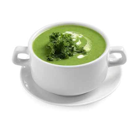 Tasty kale soup with cream isolated on whiteの写真素材