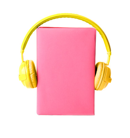 Book with blank cover and headphones isolated on whiteの写真素材