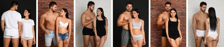 Collage of young couple in underwear on different backgrounds. banner design