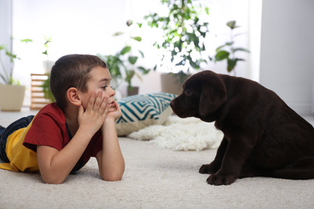 Little boy with puppy on floor at home. friendly dogの写真素材