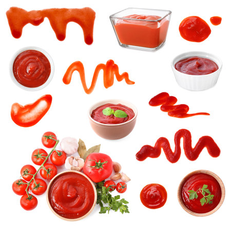 Set of tasty tomato sauce on white backgroundの写真素材