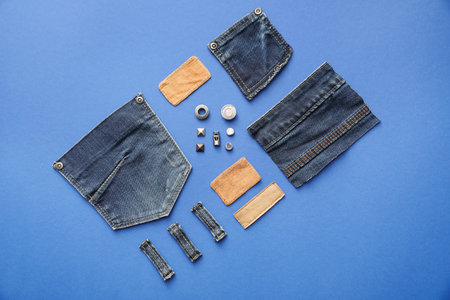 Flat lay composition with garment accessories and cutting details for jeans on blue background