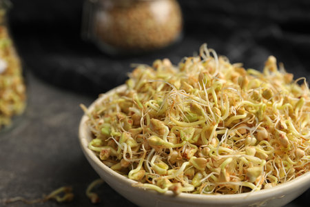 Bowl of sprouted green buckwheat on gray table, closeupの写真素材