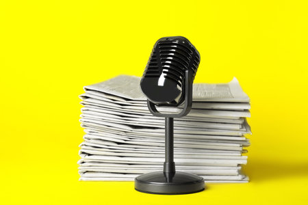 Newspapers and vintage microphone on yellow background. Journalist's workの写真素材