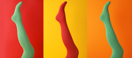 Collage of women wearing different bright tights on color backgrounds, closeupの写真素材