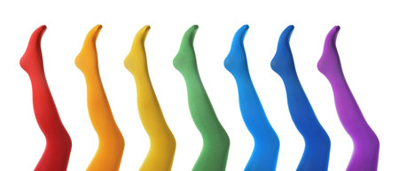 Collage of women wearing different colorful tights on white background, closeup. banner designの写真素材