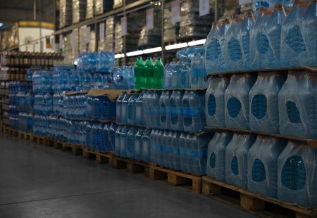 Many different plastic bottles with water at wholesale marketの写真素材