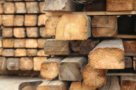 Stack of cut firewood at warehouse, closeup viewの写真素材