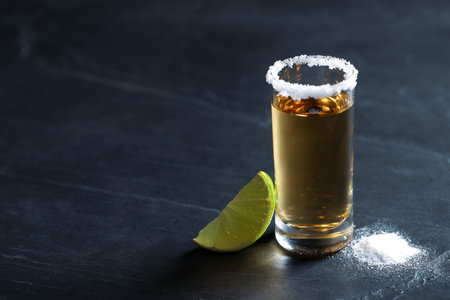 Mexican Tequila shot, lime slice and salt on gray table. Space for textの写真素材