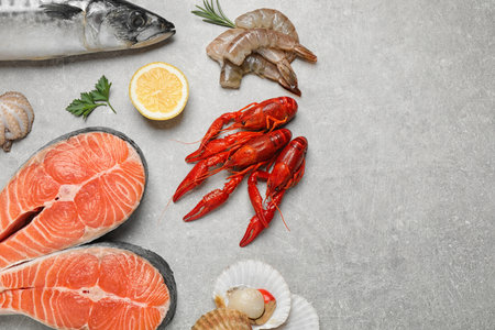 Fresh fish and seafood on light gray table, flat lay