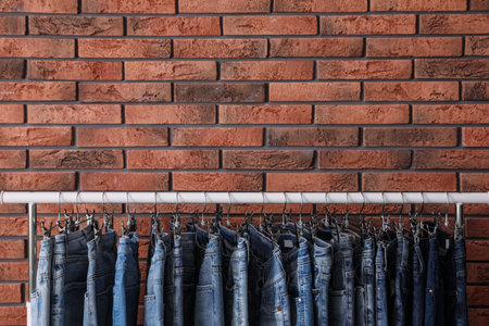 Rack with stylish jeans near brick wall, closeup. Space for textの写真素材