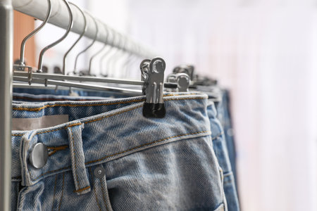 Rack with different jeans indoors, closeup viewの写真素材