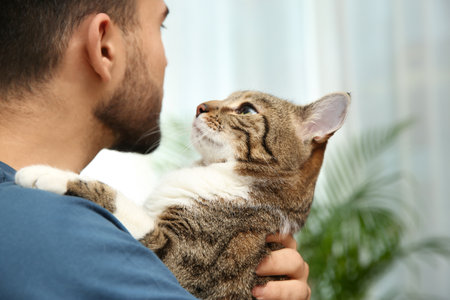 Happy man with cat at home, closeup. Friendly pet