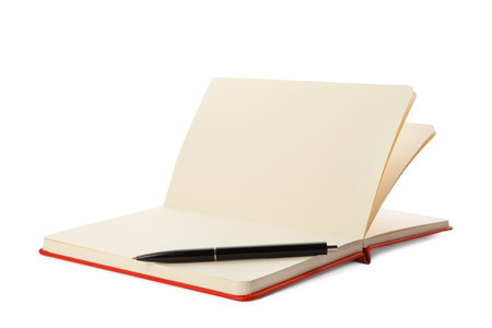 Stylish open notebook and pen isolated on whiteの写真素材
