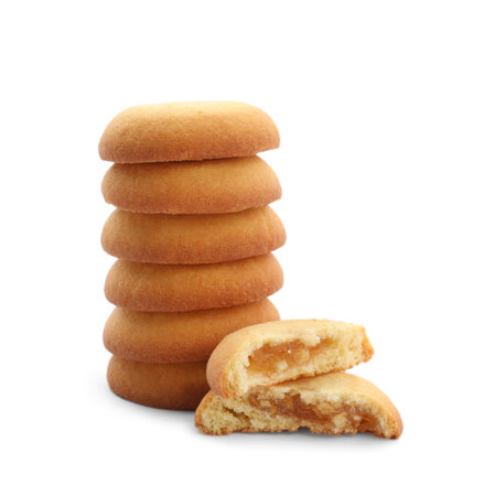Tasty fresh shortbread cookies with filling isolated on whiteの写真素材
