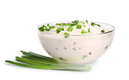 Fresh sour cream with onion on white backgroundの写真素材