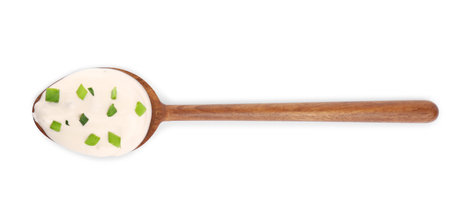 Fresh sour cream with onion on white background, top viewの写真素材