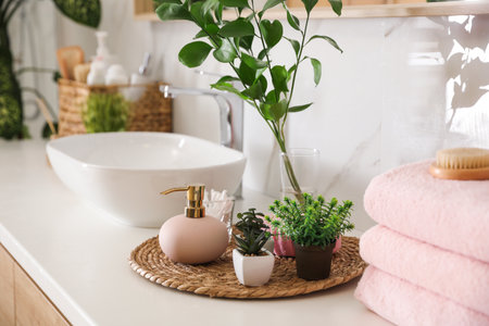 Green plants and toiletries on white countertop in bathroom. interior designの写真素材