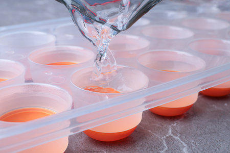 Pouring water into ice cube tray on gray marble table, closeupの写真素材