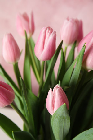 Bouquet of beautiful spring tulips on light pink background, closeupの写真素材