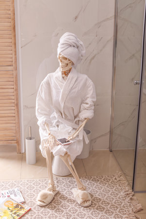 Skeleton in bathrobe with mobile phone sitting on toilet bowl