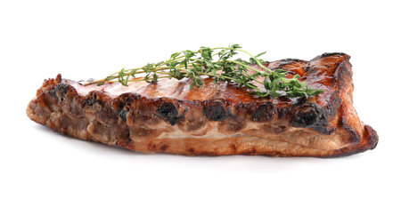 Tasty grilled ribs with thyme isolated on whiteの写真素材