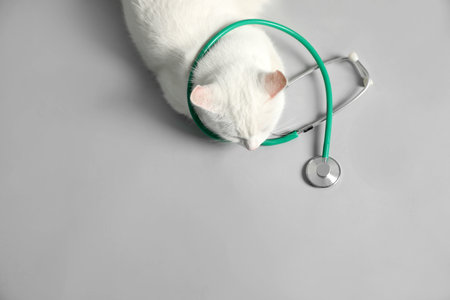Cute cat with stethoscope as veterinarian on gray background, above view. Space for textの写真素材