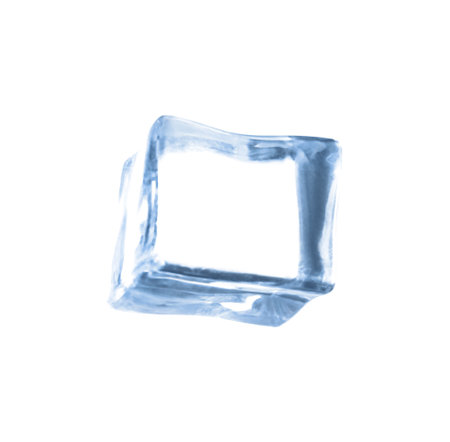 Crystal clear ice cube isolated on whiteの写真素材
