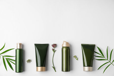 Flat lay composition with cosmetic products on white background. Space for textの写真素材