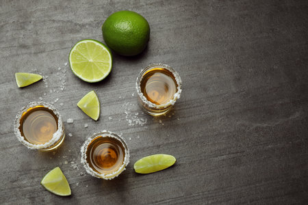 Mexican Tequila shots, lime slices and salt on gray table, flat lay. Space for textの写真素材