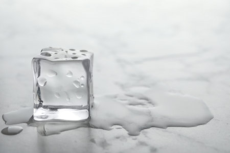 Wet ice cube on white table, closeup. Space for textの写真素材