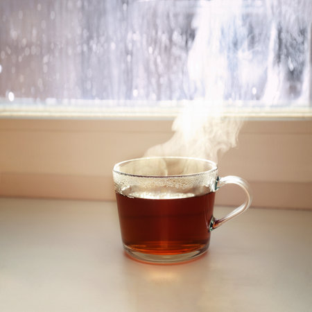 Cup of hot tea near window on rainy dayの写真素材