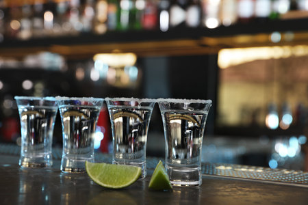 Mexican Tequila shots with lime slices on bar counterの写真素材
