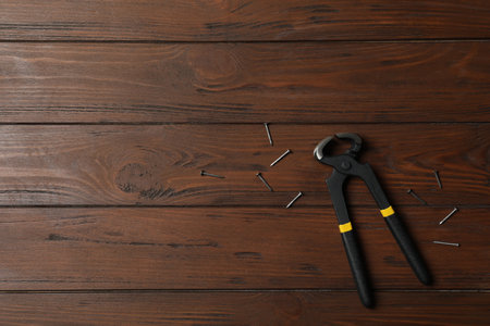 Pincers and nails on wooden background, flat lay with space for text. Carpenter's toolの写真素材