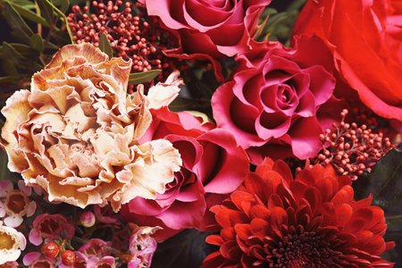 Beautiful fresh bouquet as background, top view. floral decorの写真素材