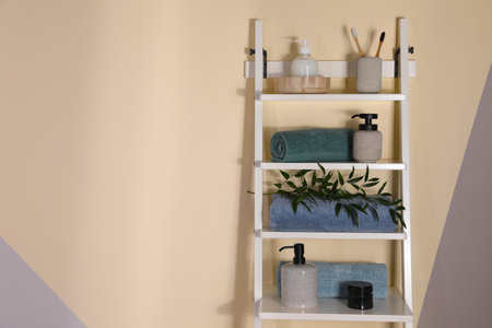 Shelving unit with toiletries near light wall indoors, space for text. bathroom interior elementsの写真素材