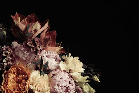 Beautiful bouquet of different flowers on black background, space for text. Floral card design with dark vintage effectの写真素材