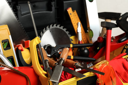 Closeup view of different modern carpenter's tools