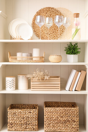 White shelving unit with dishware and different decorative stuffの写真素材