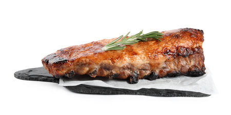 Tasty grilled ribs with rosemary isolated on whiteの写真素材