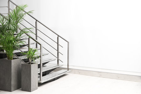 Beautiful tropical plants near stair indoors. Space for textの写真素材