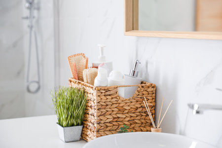 Various toiletries and green plants on countertop in bathroomの写真素材
