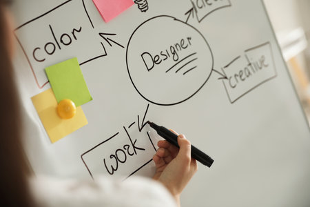 Designer drawing diagram with marker on whiteboard, closeupの写真素材