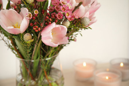 Beautiful bouquet with spring pink tulips, closeupの写真素材
