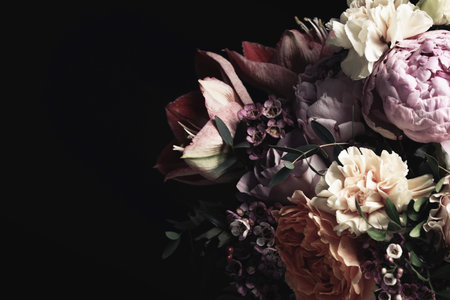 Beautiful bouquet of different flowers on black background, space for text. Floral card design with dark vintage effectの写真素材