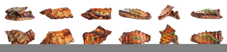 Set of delicious roasted ribs on white background. banner designの写真素材