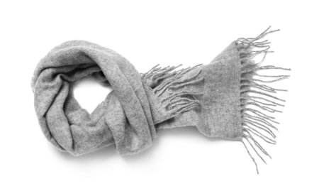 Soft gray woolen scarf isolated white, top viewの写真素材